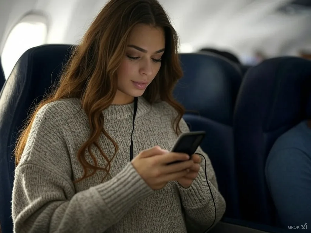 una ragazza che usa un power bank in aereo